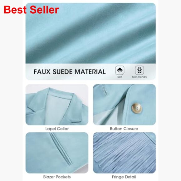 Faux Suede Fringe Blazer Jacket with Lapel Collar Button Front - Picture 6 of 7